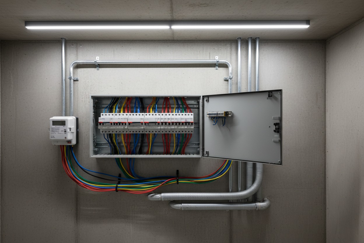 Un quadro elettrico aperto montato su una parete di cemento, con tubi metallici e cavi colorati collegati.